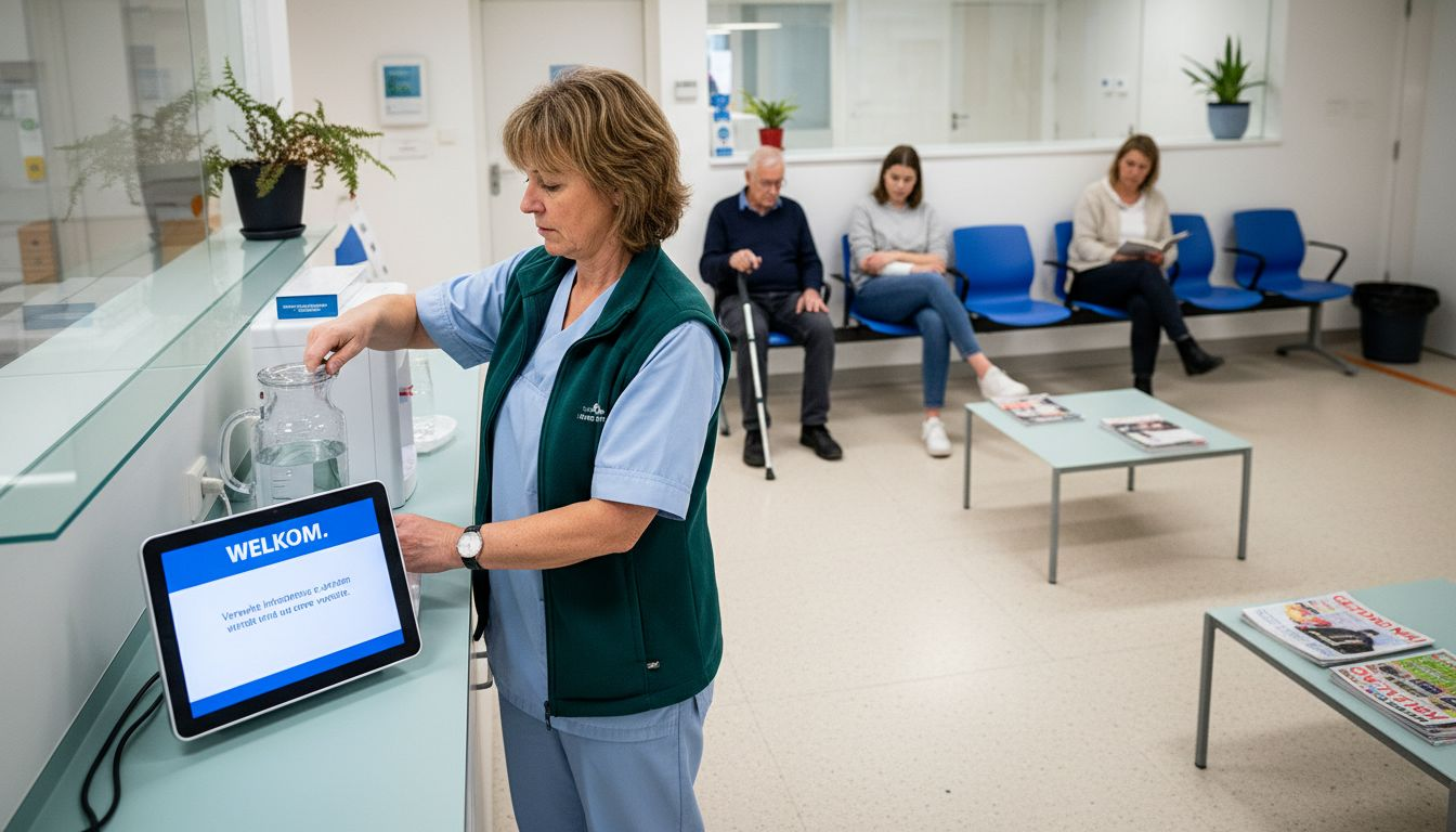 Ontvangsthal met digitale informatieschermen en een aanwezige verpleegkundige