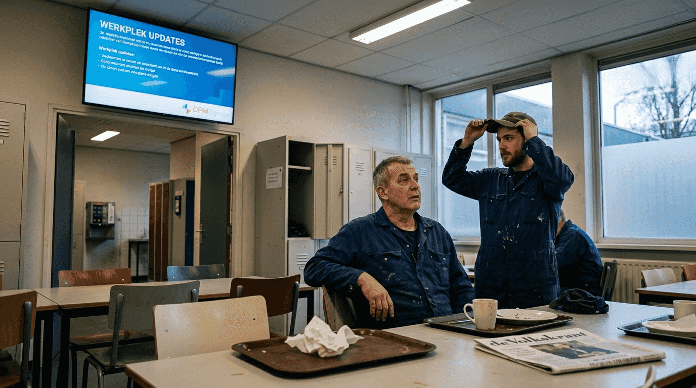 Medewerkers kijken even op een scherm in de bedrijfskantine.