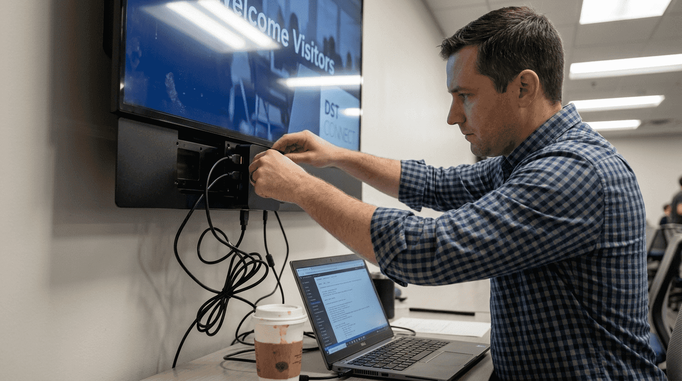 IT specialist connecting media player