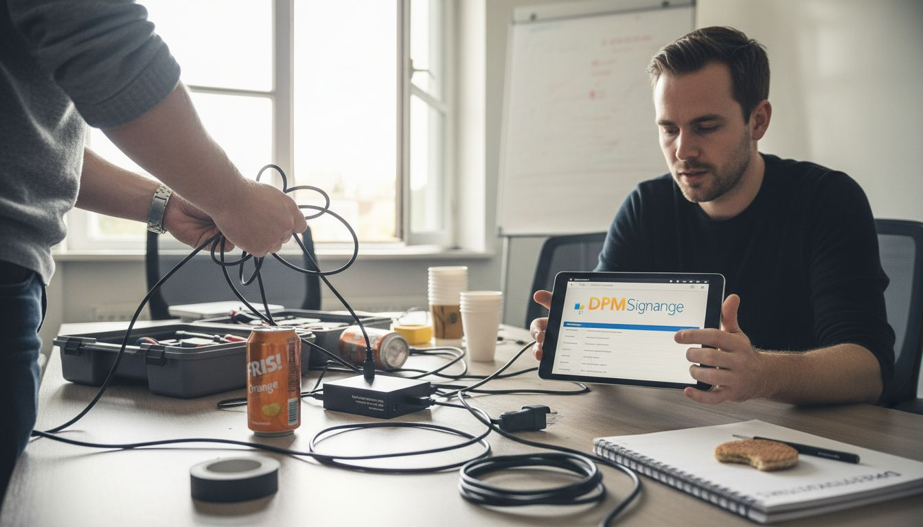 IT-specialisten zijn bezig met het installeren van digitale bewegwijzering in het kantoor.