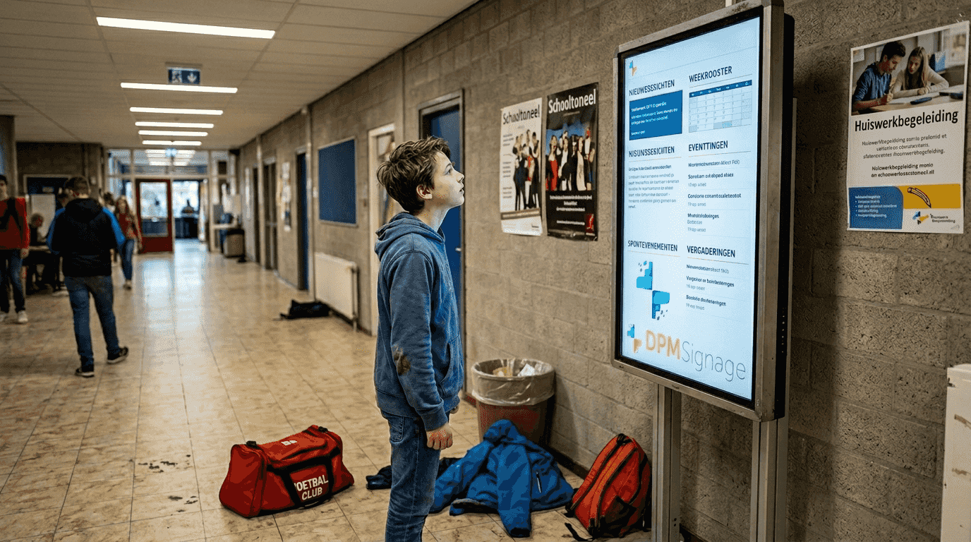 Een leerling staat in de schoolhal en kijkt op een digitaal scherm.