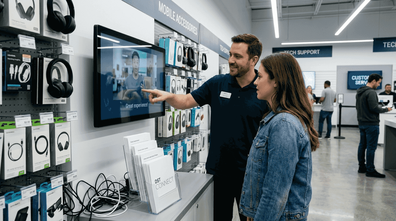 Retail staff demonstrating interactive digital display