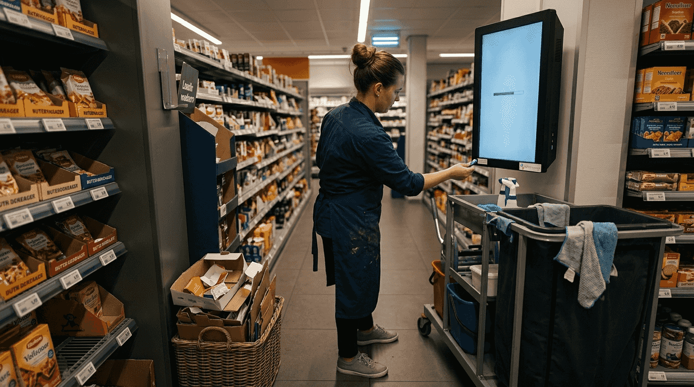 Medewerker controleert de getoonde content op het scherm in de supermarkt