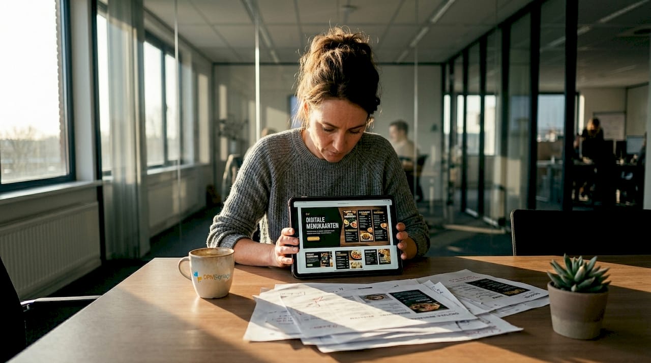 Een vrouw bladert op haar tablet door de menukaart met afbeeldingen.