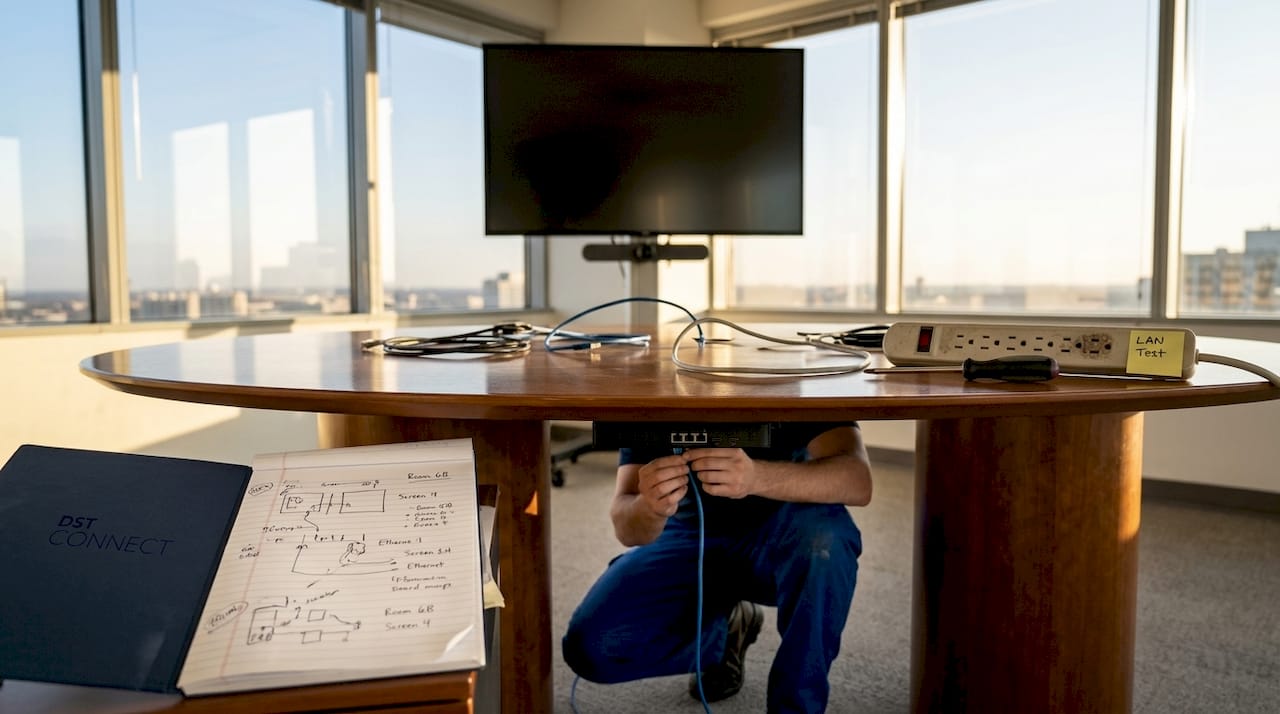 Technician connecting digital signage network hardware