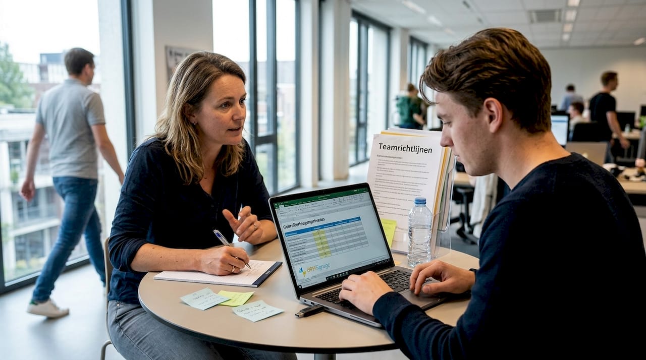 Tijdens een overleg nemen collega’s samen de verschillende taken en verantwoordelijkheden door.