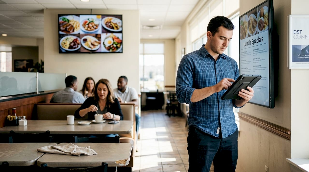 Server near digital menu board in restaurant