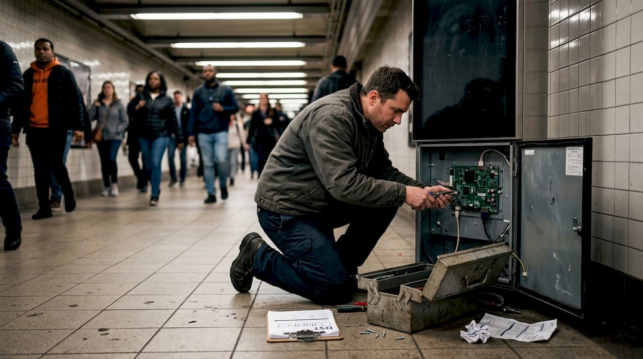 Technician repairing digital signage kiosk in subway