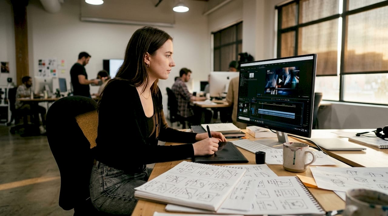 Designer reviewing video for rich media ad