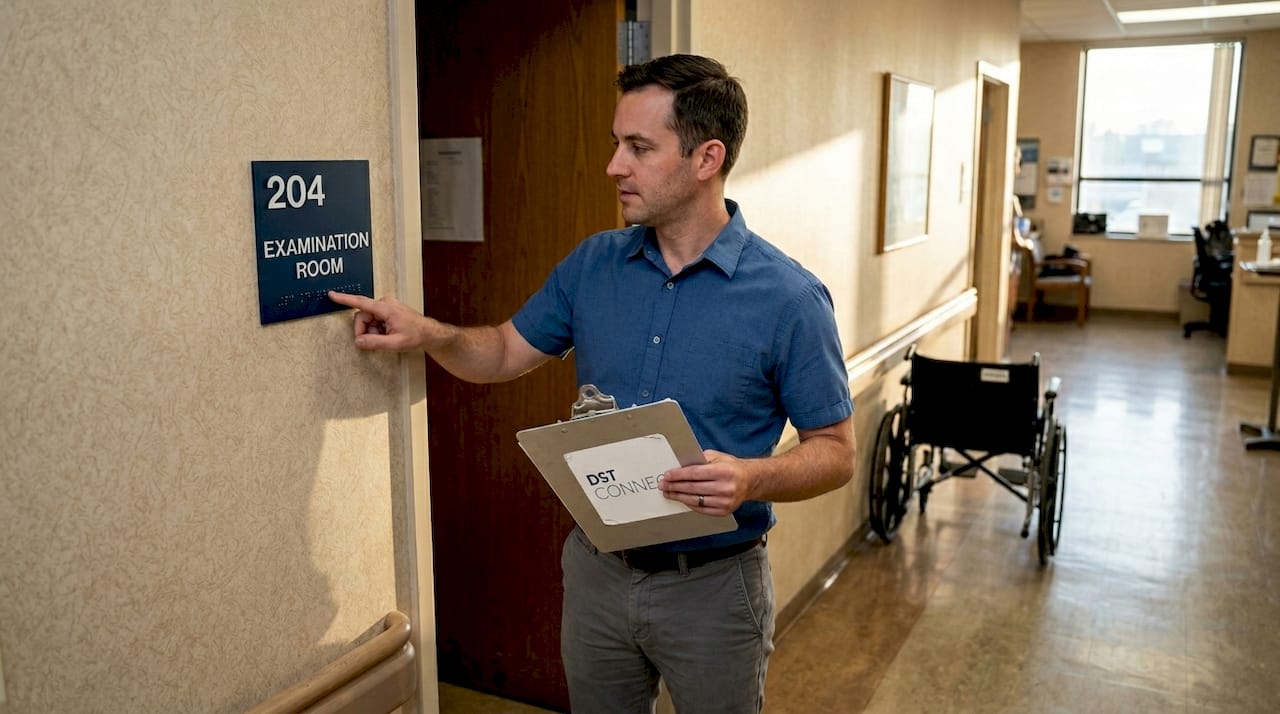 Manager inspecting ADA-compliant clinic signage
