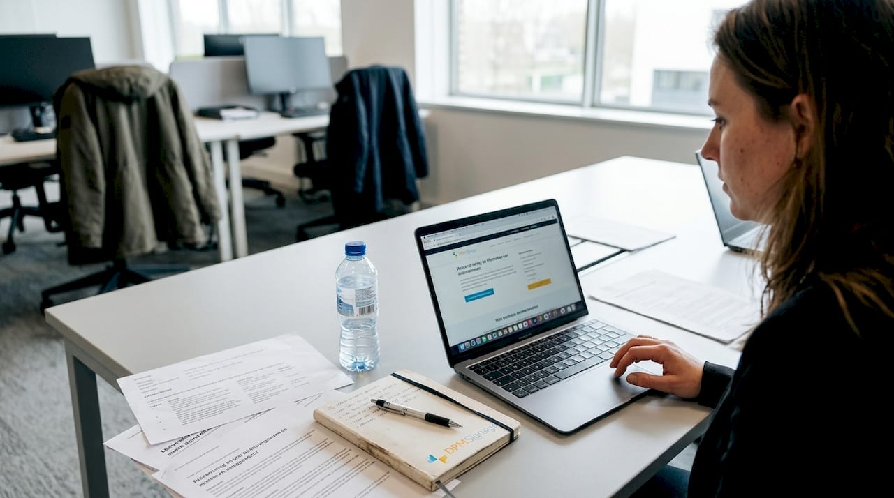 Een vrouw zoekt razendsnel iets op op haar laptop.