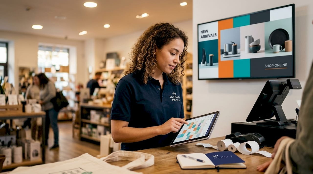 Staff managing retail screen content at checkout