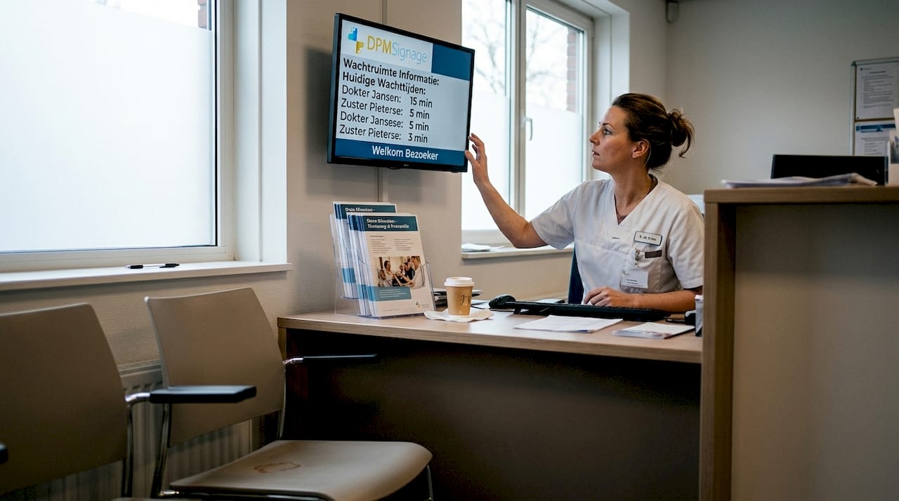 Een receptioniste werpt een blik op het digitale informatiescherm in de zorginstelling.