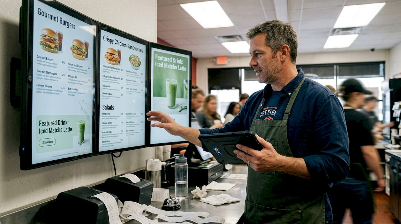 Manager synchronizing LED menu boards in restaurant