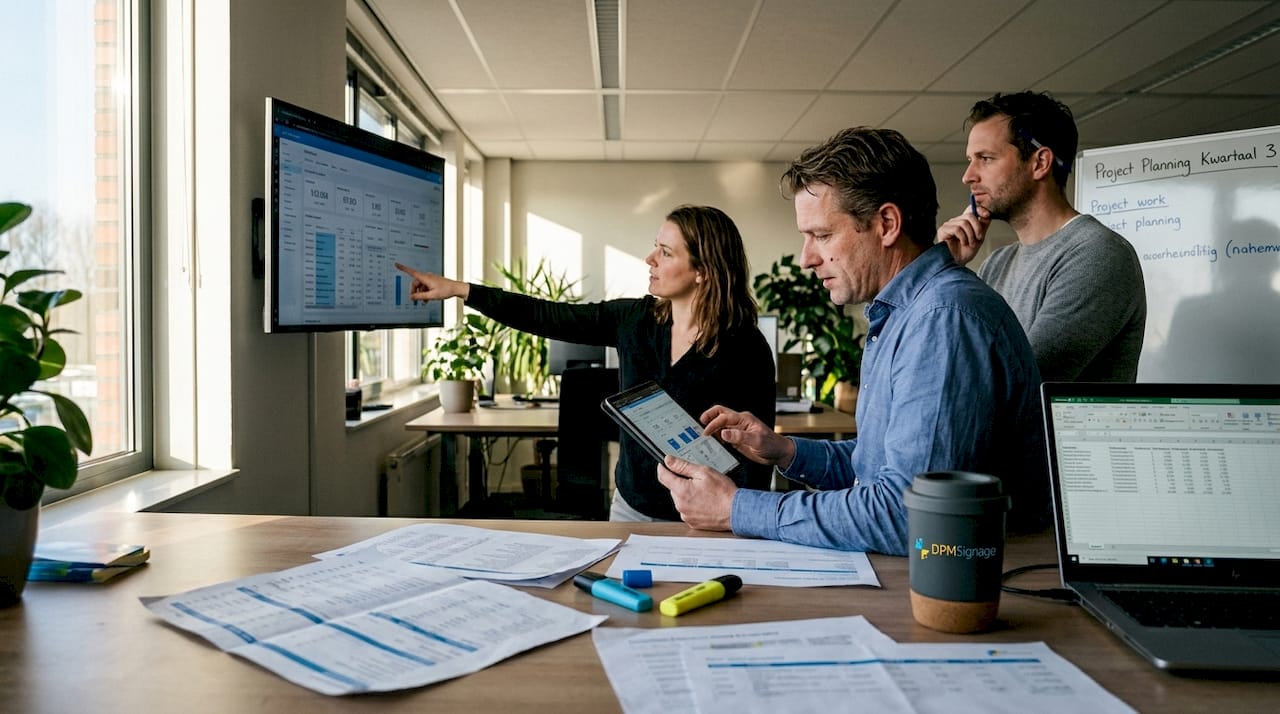 Een team buigt zich samen over het ERP-dashboard op kantoor.