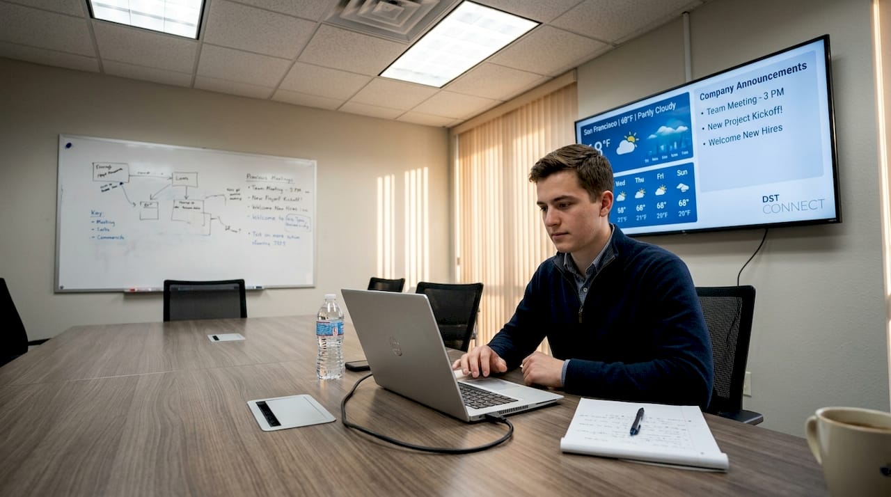 Technician updating digital signage workflow