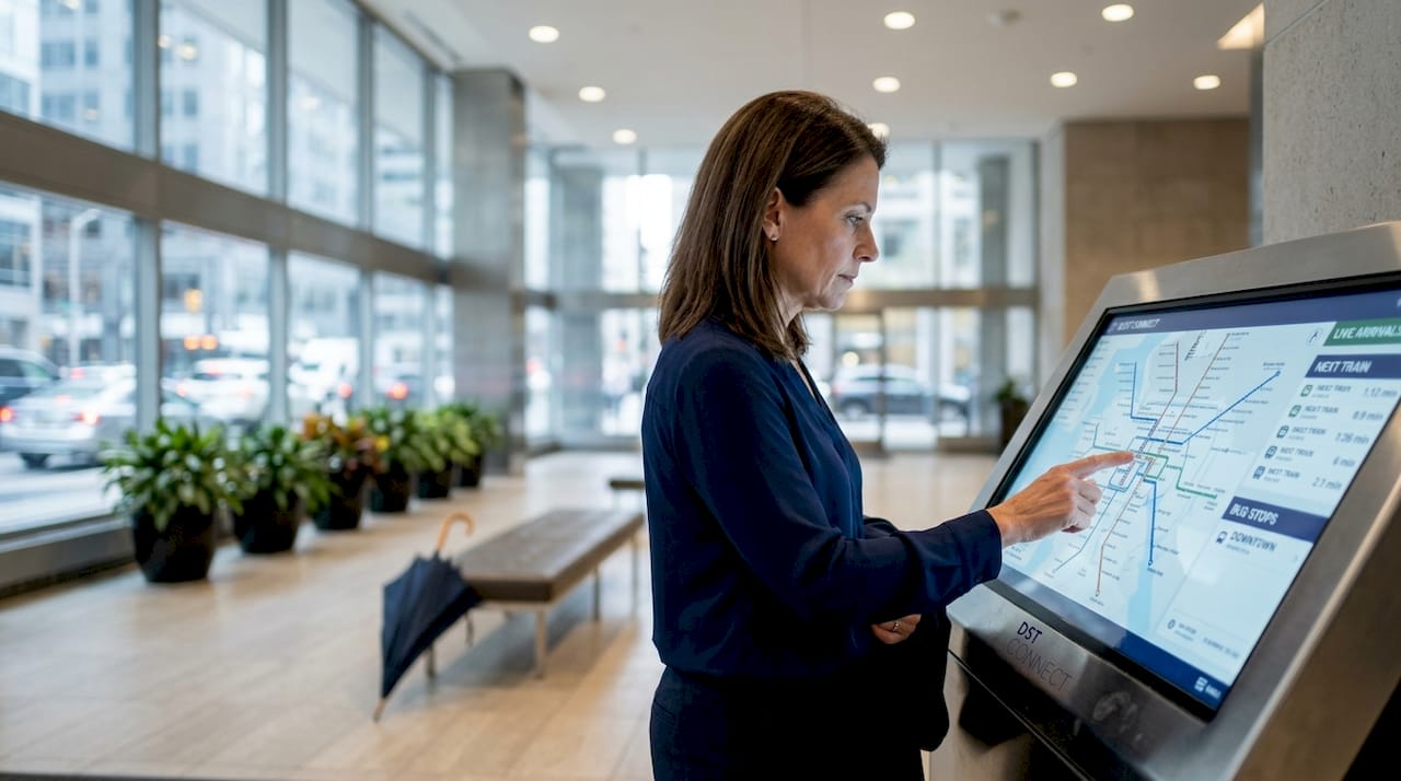 Woman using interactive digital signage touchscreen