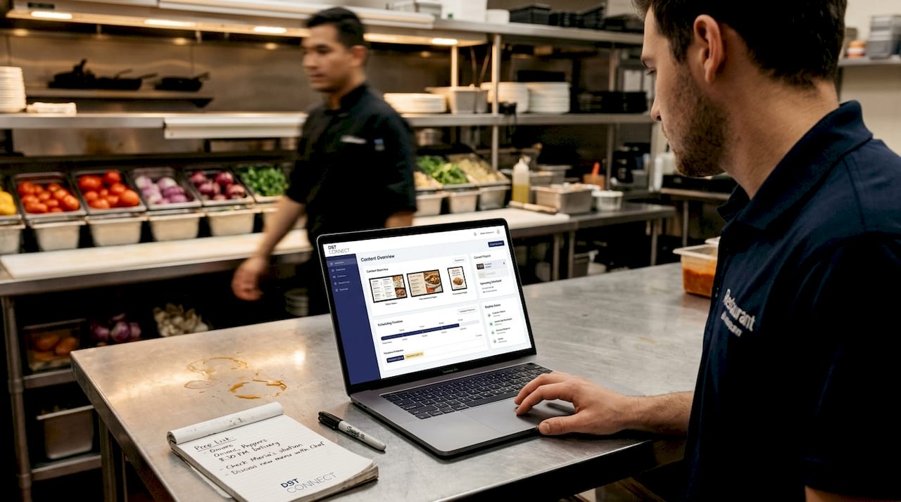 Assistant manager using cloud CMS in kitchen