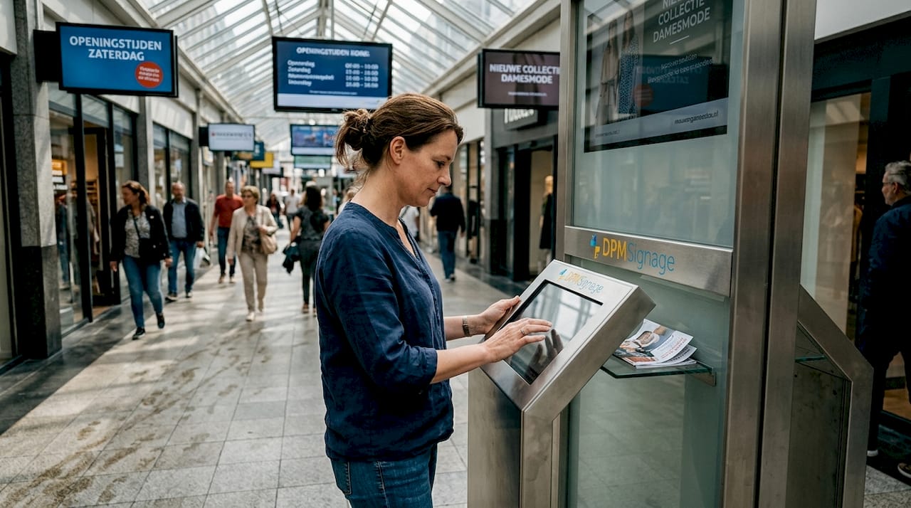 Een vrouw bekijkt informatie op een narrowcasting-scherm bij een digitale zuil.