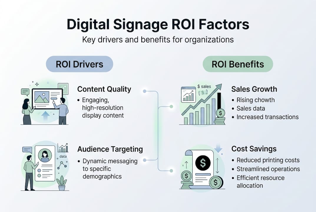 Infographic on digital signage ROI factors and benefits