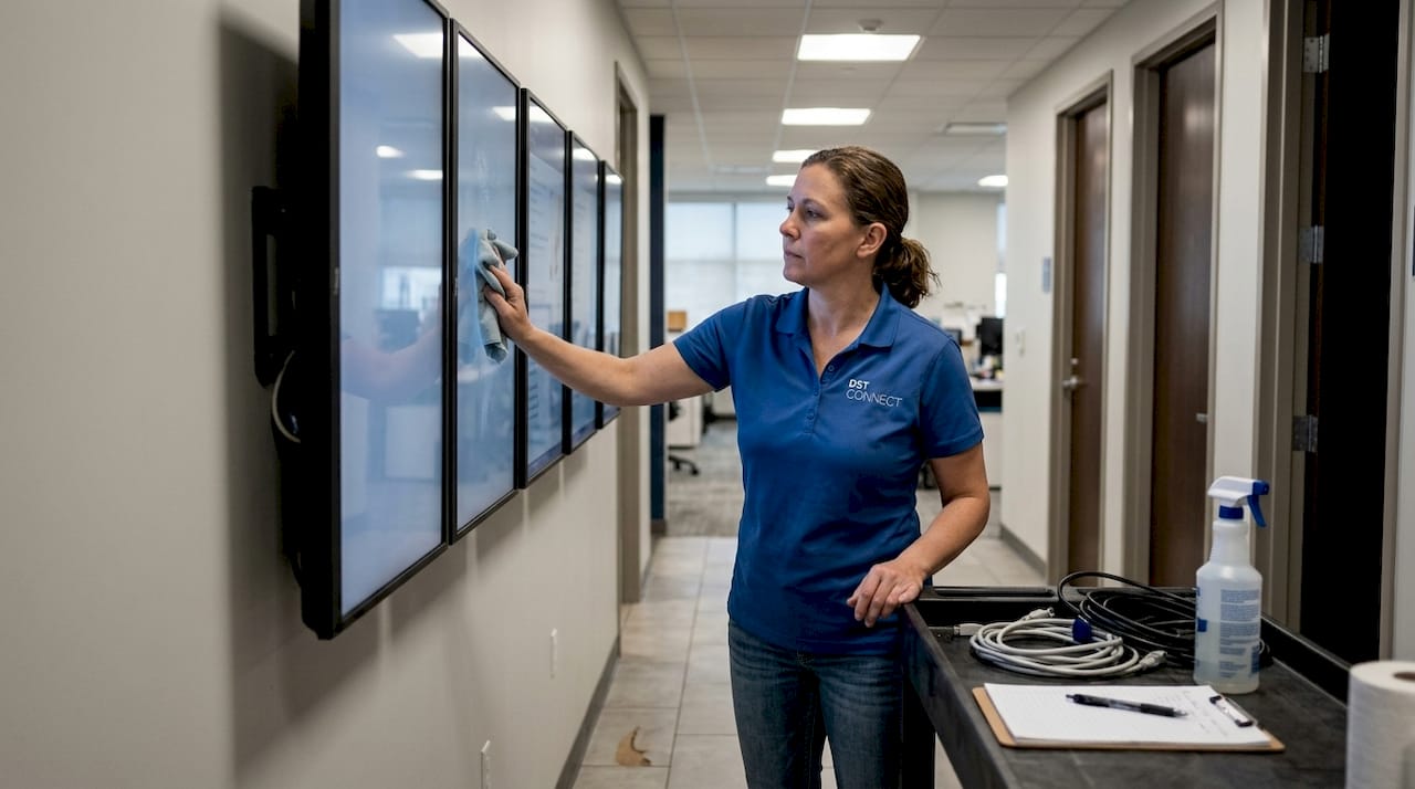 Technician maintains network of wall-mounted digital screens