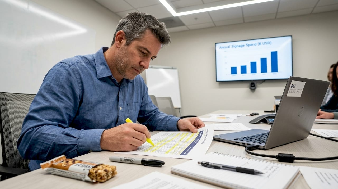 Man reviewing signage cost data in meeting room
