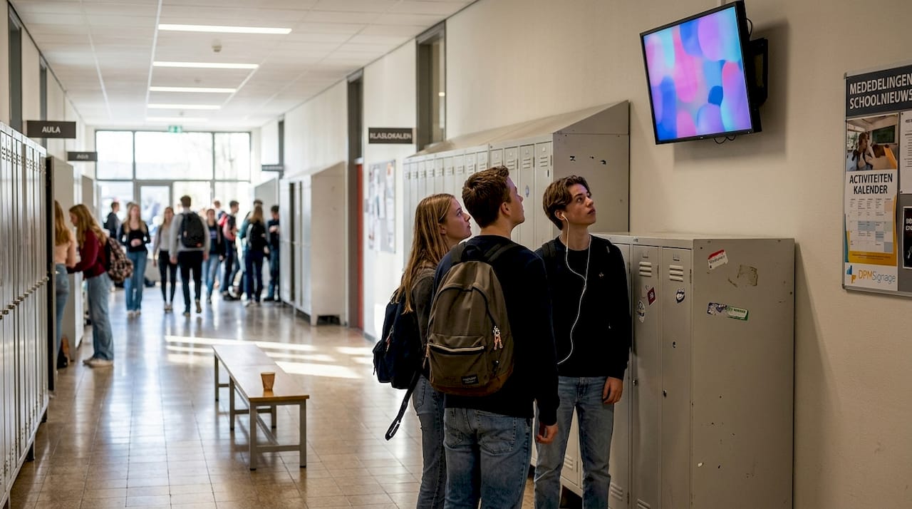 Studenten bekijken het informatiescherm in de gang.