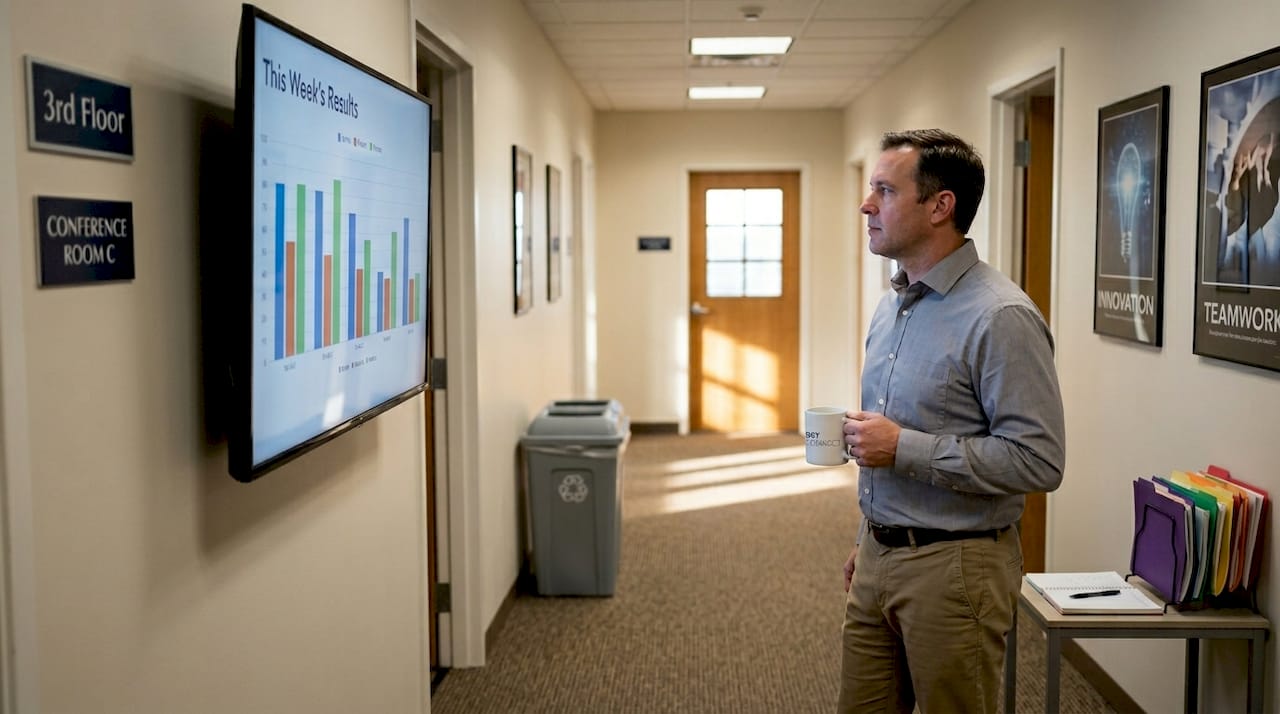 Worker reading data on office hallway display