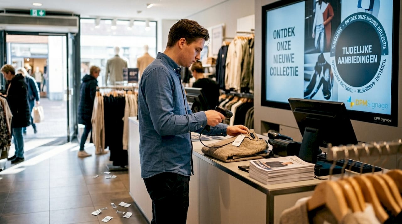 Een winkelmedewerker scant artikelen bij een digitaal scherm.