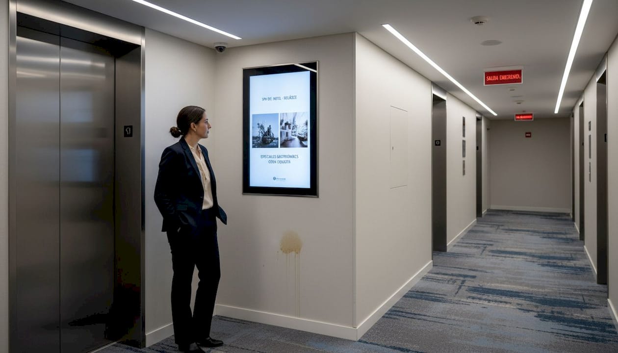 Huésped del hotel descubre la promoción del spa en una pantalla digital