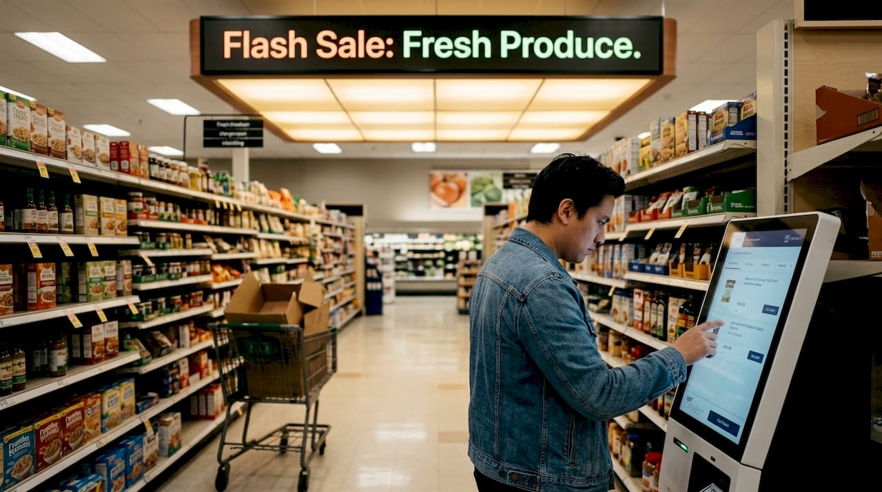 Shopper uses interactive digital signage aisle