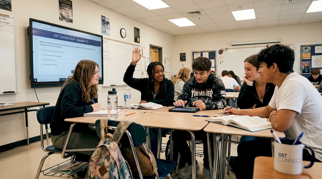 Students collaborate on digital classroom quiz