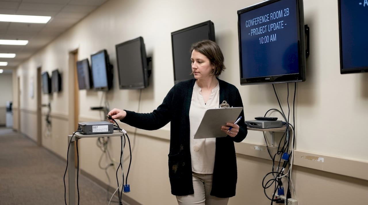 Coordinator checks mismatched digital signage monitors