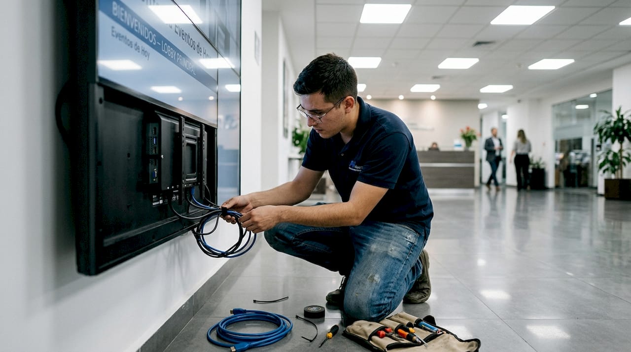 Técnico realizando la instalación de una pantalla digital para comercios
