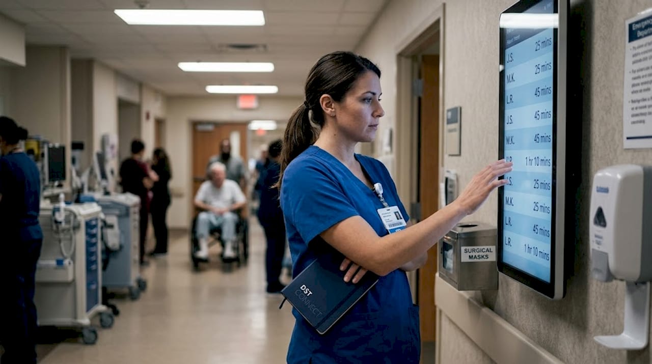 Nurse viewing digital patient queue signage