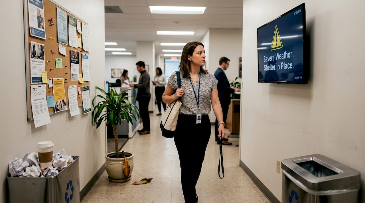 Office digital display showing safety alert