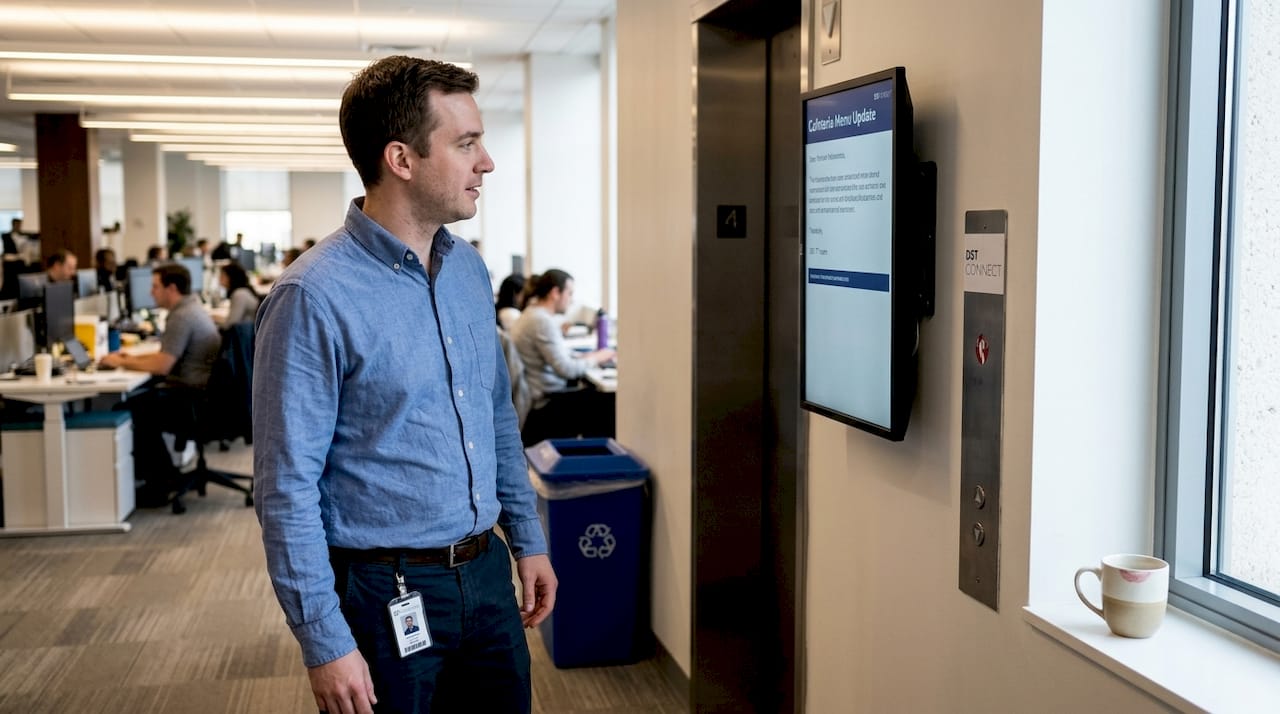 Employee checking office digital message board