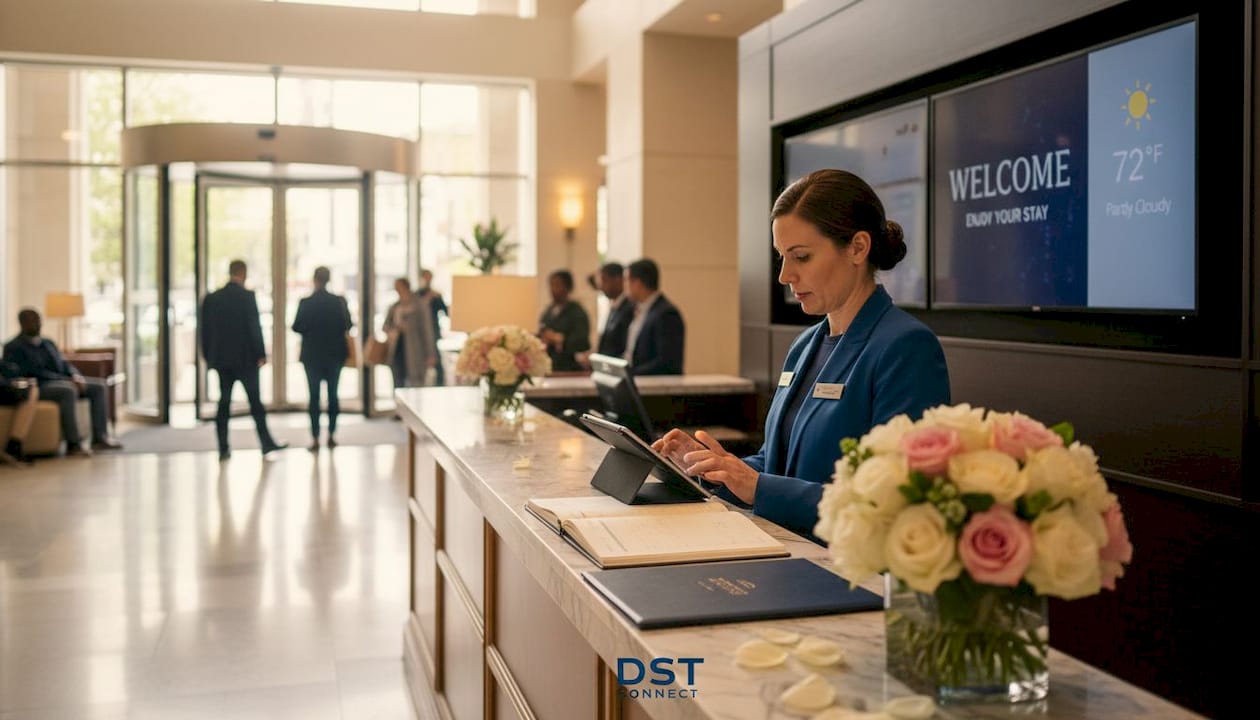 Hotel lobby screens with staff updating content