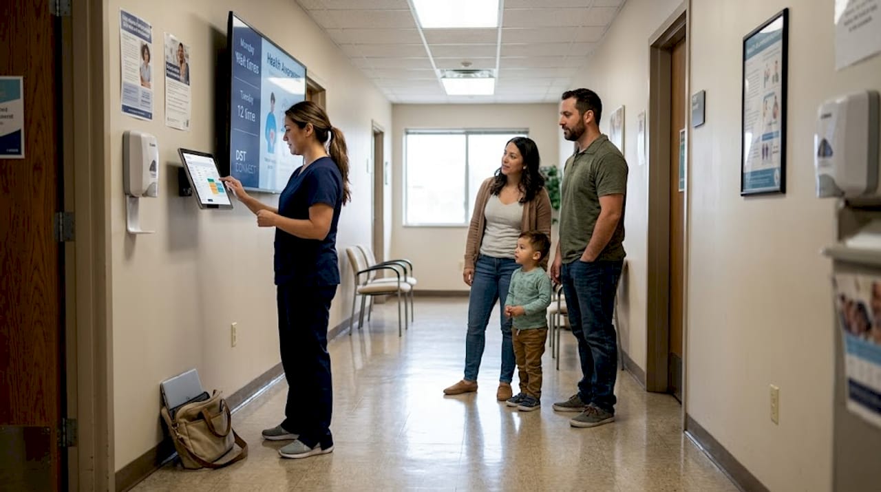 Nurse updating clinic digital display as patients watch