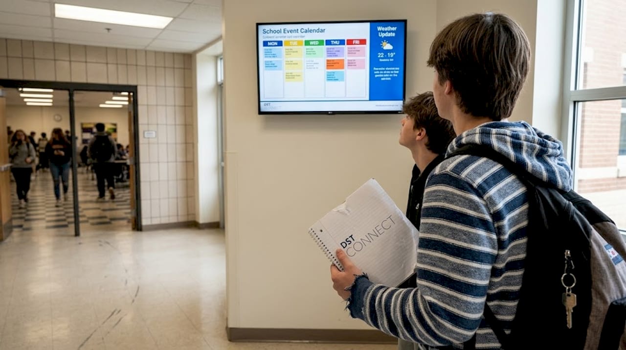 Students reading digital school event screen