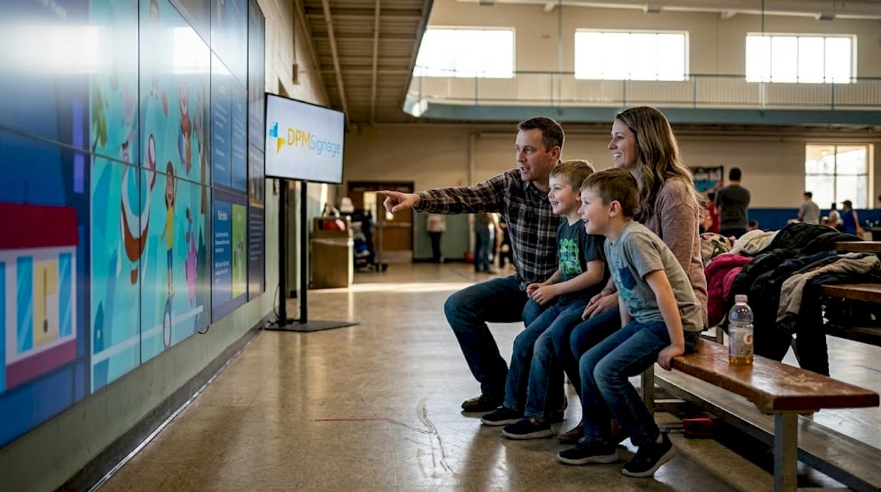 Een gezin dat samen plezier heeft met een grote interactieve videowand in het recreatiecentrum.
