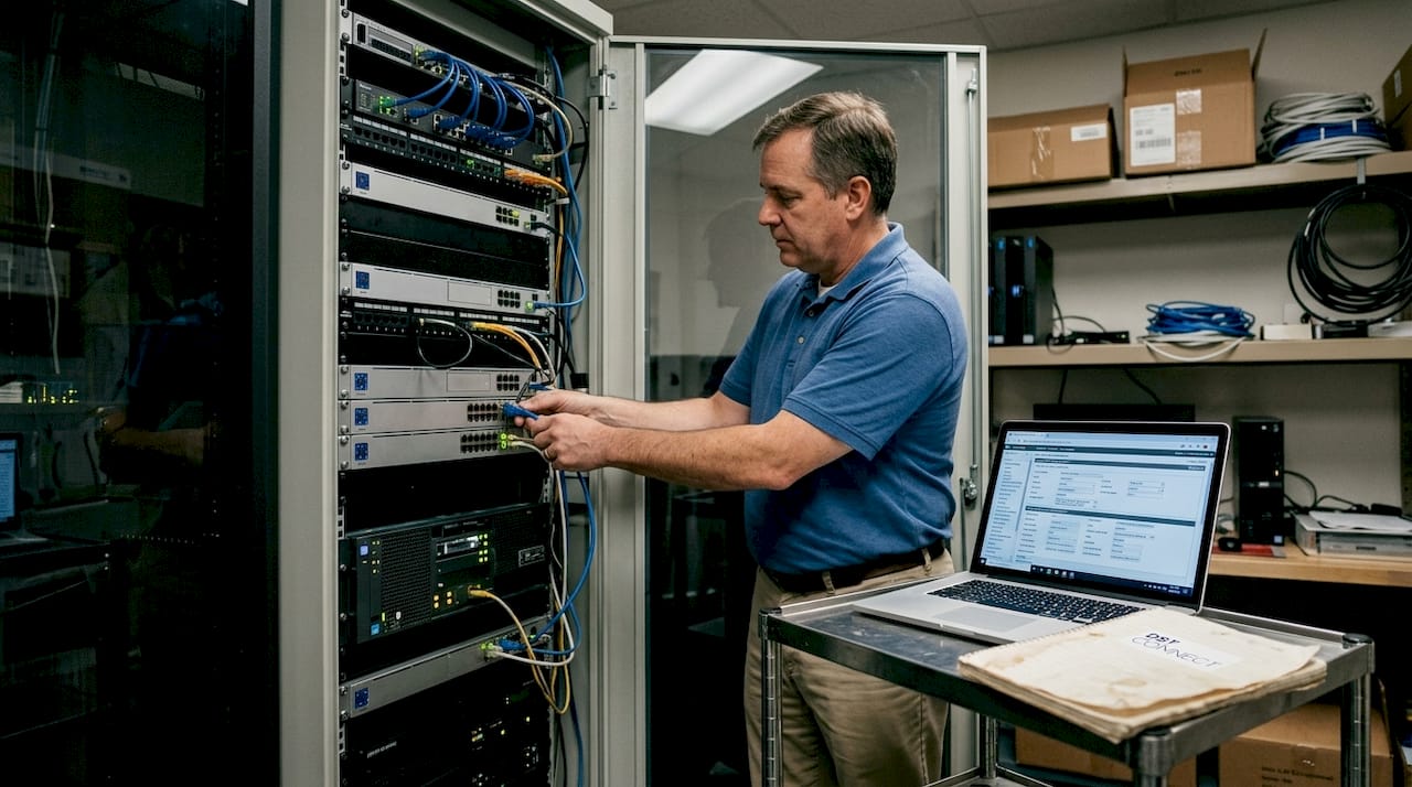 Technician managing traditional signage hardware