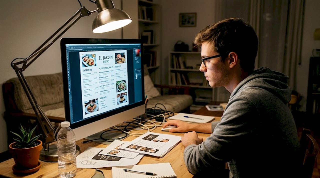 Un diseñador trabaja en la creación de un menú digital desde su ordenador.