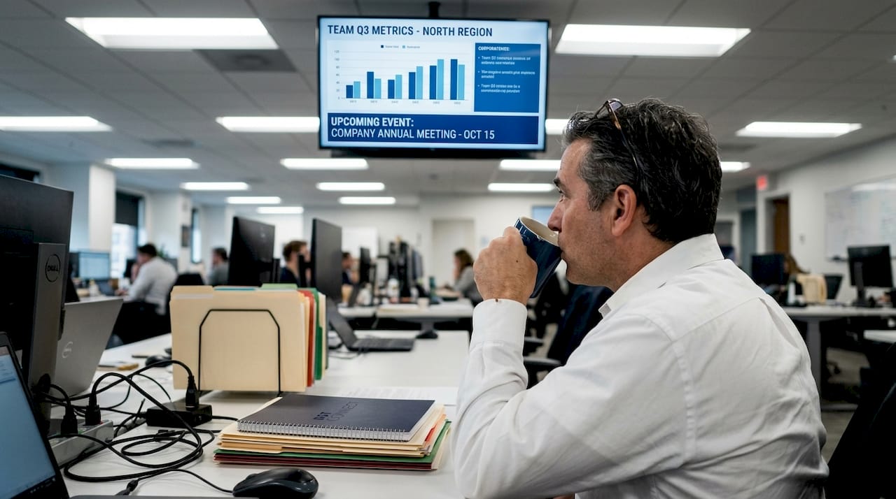 Staff member glancing at office digital screen