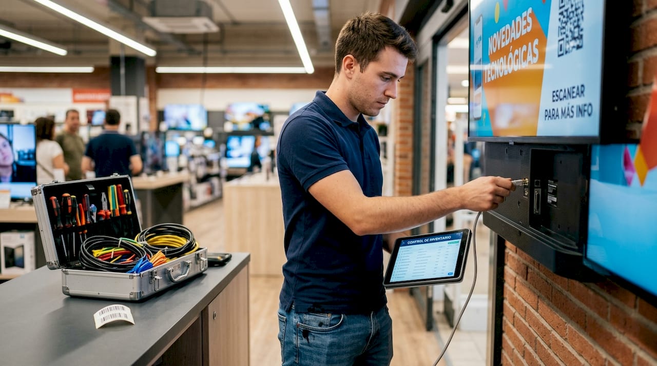 Un técnico instala una pantalla para integrarla con el sistema de inventario de la tienda.