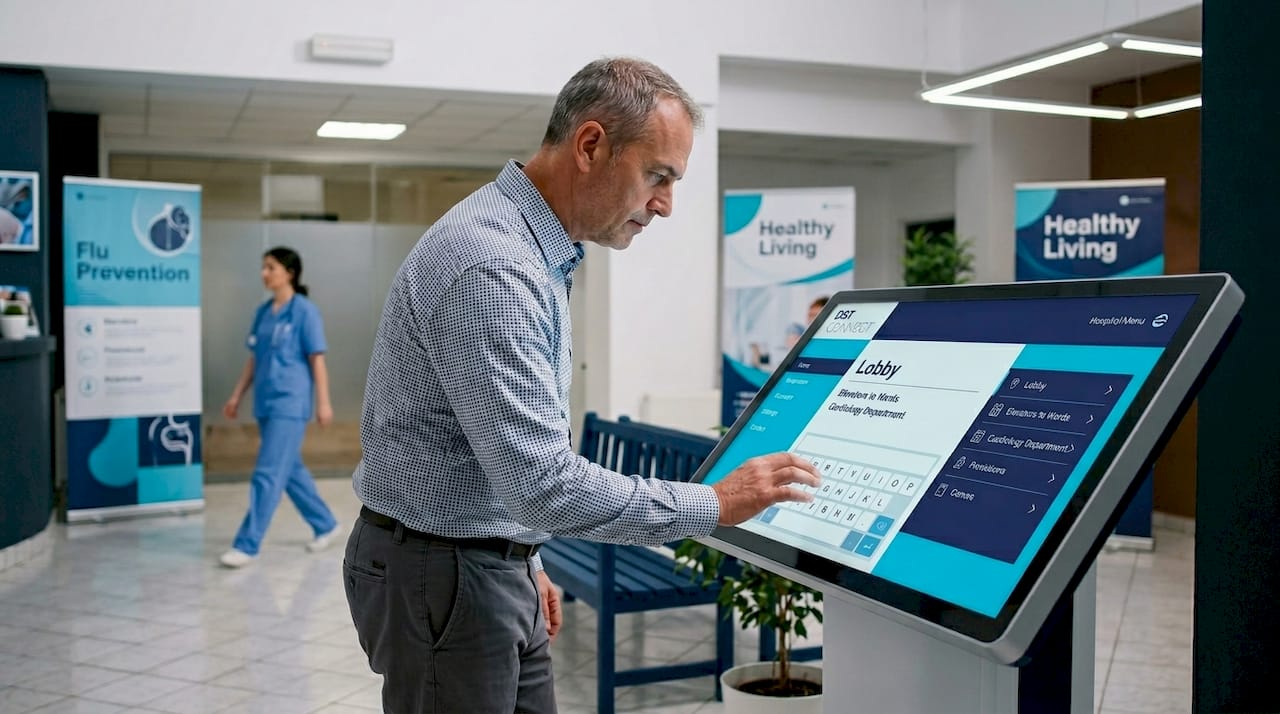 Man using interactive hospital wayfinding kiosk