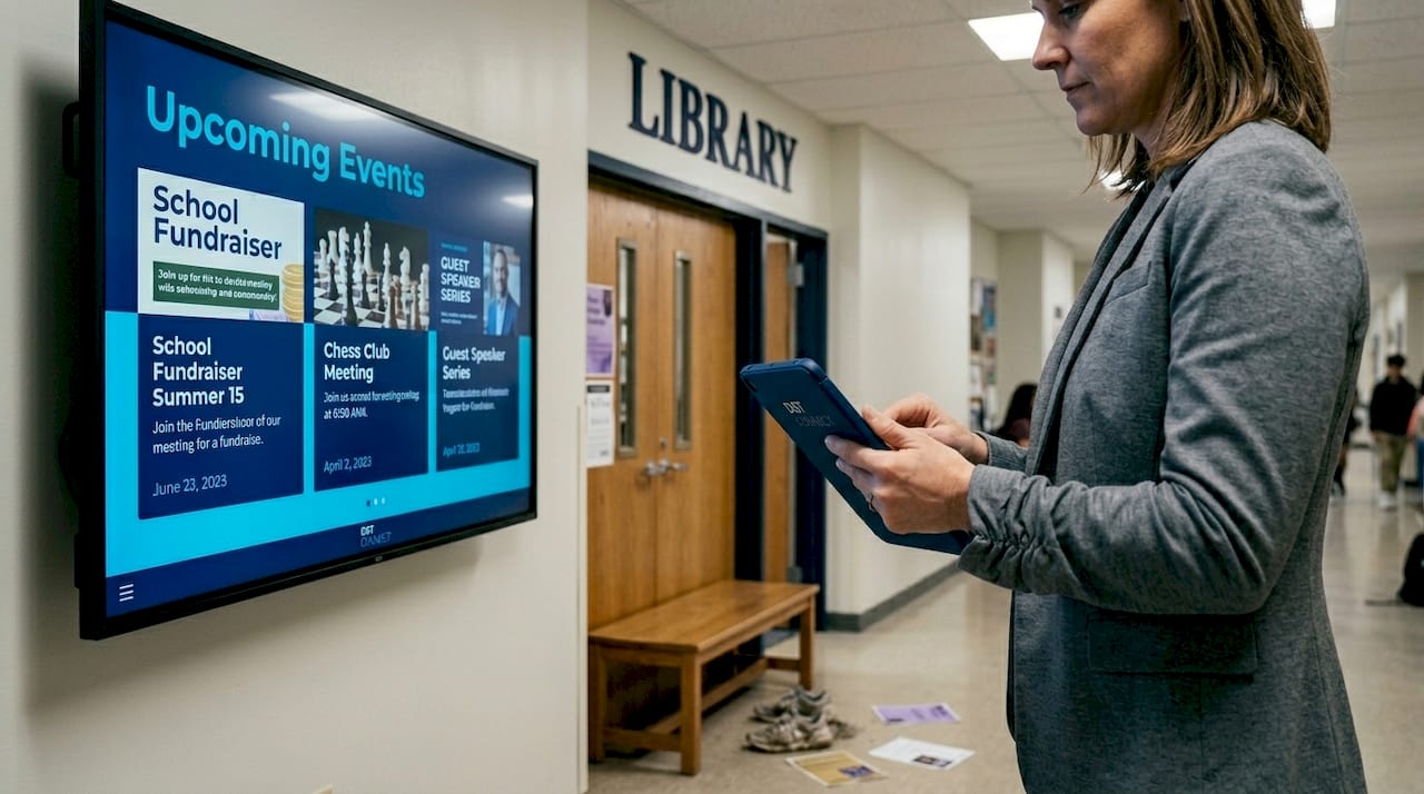 Administrator updating digital signage in school hallway