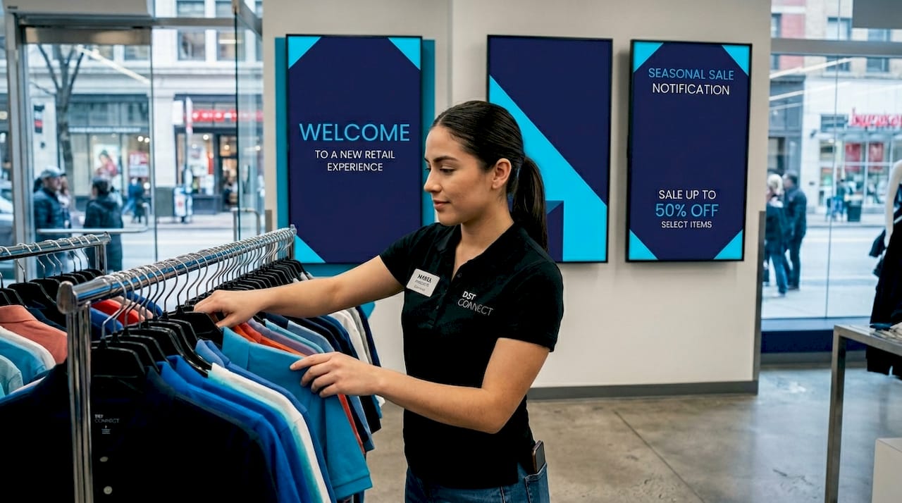 Retail employee working near digital signage screens