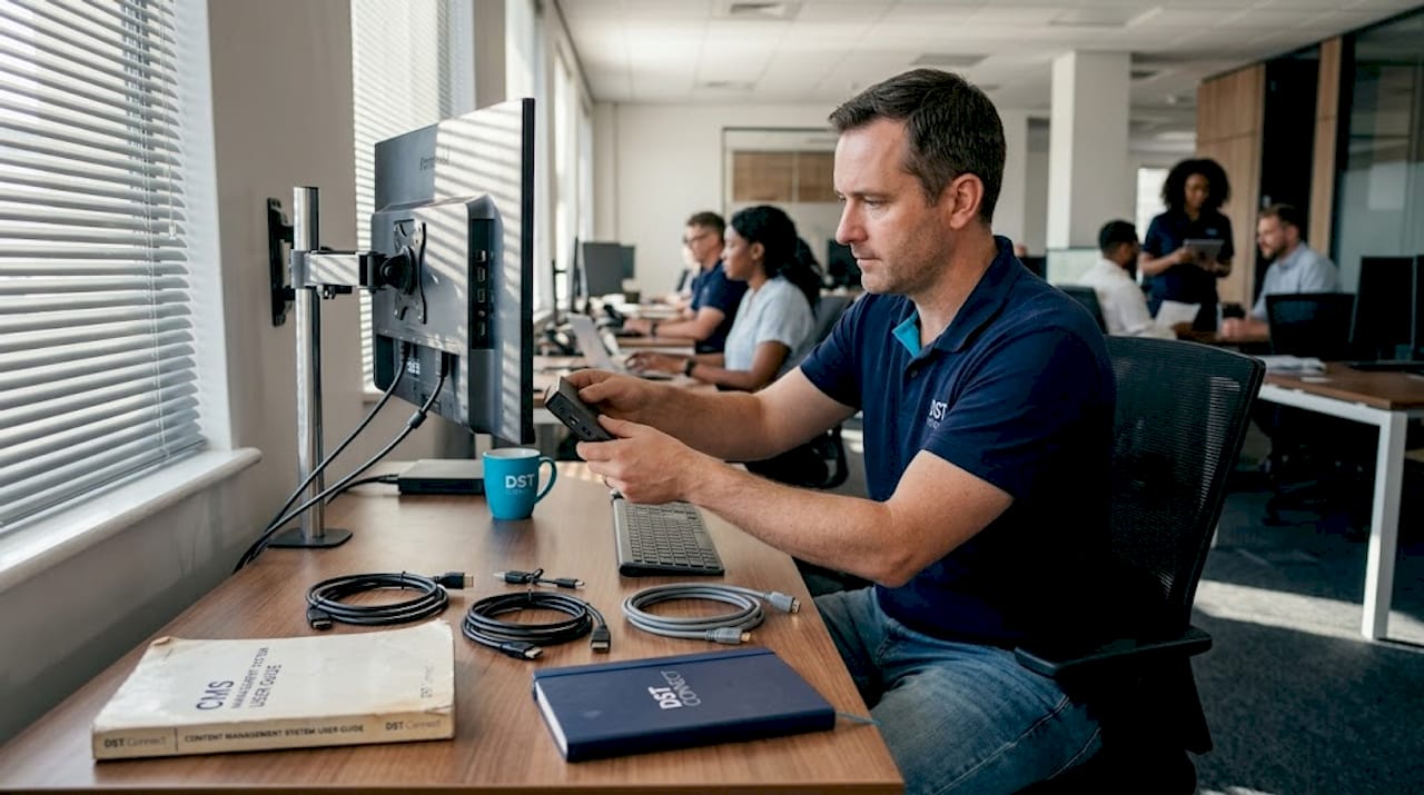 IT specialist sets up digital signage tools