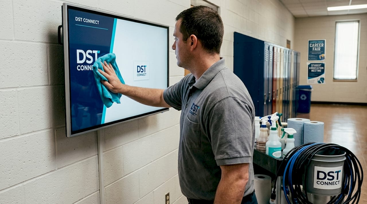 Staff cleaning campus digital signage screen